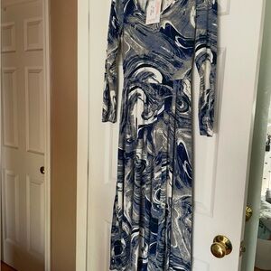 LuLaRoe Blue and White V-Neck Long Sleeve Gown
